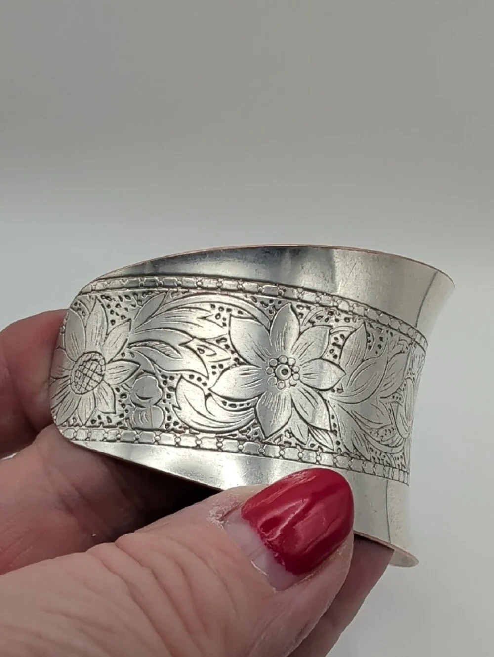 Engraved Floral Silver Cuff Bracelet
